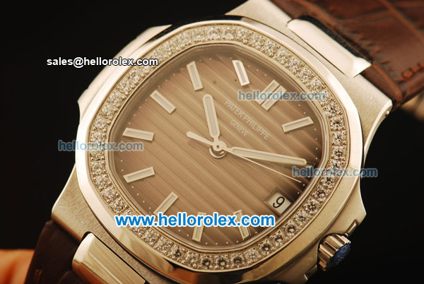 Patek Philippe Nautilus Swiss ETA 2824 Automatic Steel Case with Diamond Bezel and Brown Dial/Leather Strap-1:1 Original - Click Image to Close